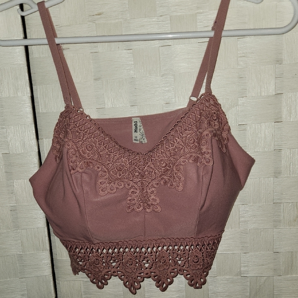MUDD BRALETTE Lace Trim Rose Mauve Crop SZ M